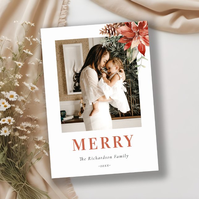 Merry Christmas Poinsettia Bunch Photo Watercolor Holiday Card (Creator Uploaded)