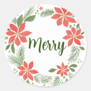 Merry Christmas Poinsettia Classic Round Sticker