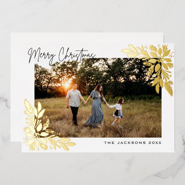 Merry Christmas Poinsettia Design Foil Holiday Card (Front/Back)