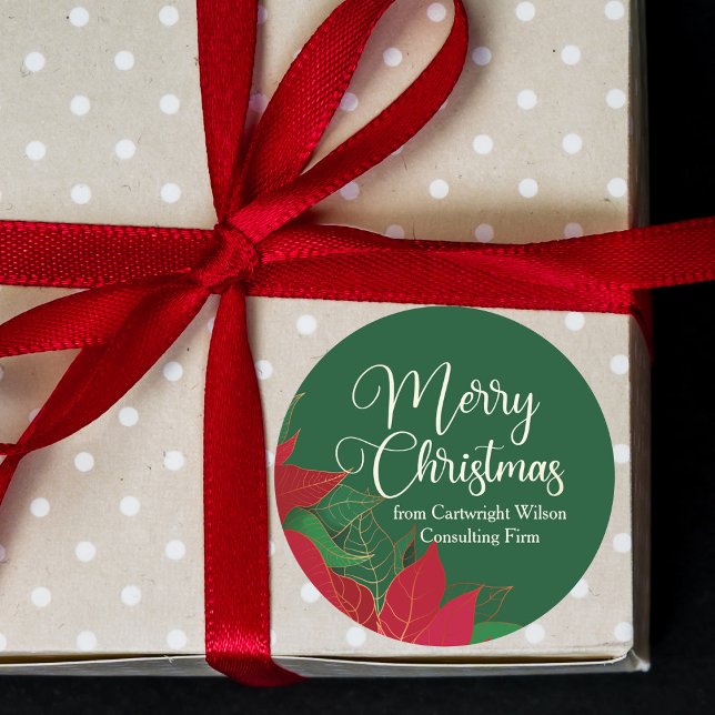 Merry Christmas Poinsettia Elegant Green Business Classic Round Sticker (Creator Uploaded)