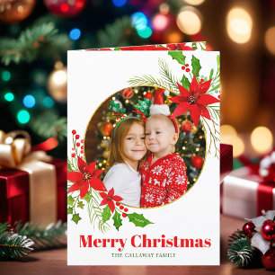 Merry Christmas Poinsettia Family Letter Photo Holiday Card