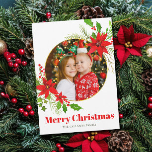 Merry Christmas Poinsettia Festive Family Photo Holiday Card