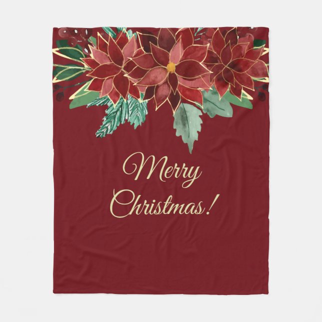 Merry Christmas Poinsettia Fleece Blanket (Front)