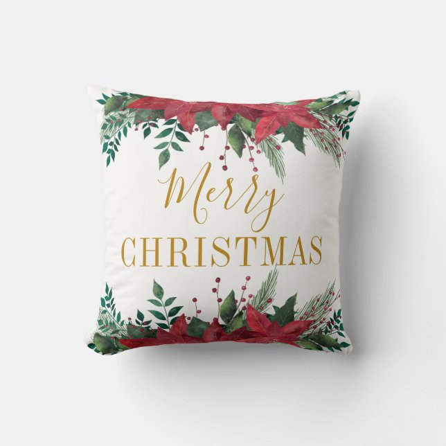 Merry Christmas Poinsettia Floral  Cushion (Front)