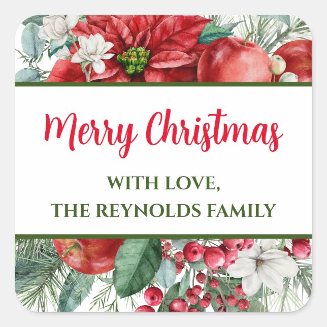 Merry Christmas Poinsettia Floral Favour Square Sticker (Front)