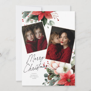 Merry Christmas Poinsettia Flower Holiday 2 photo Card