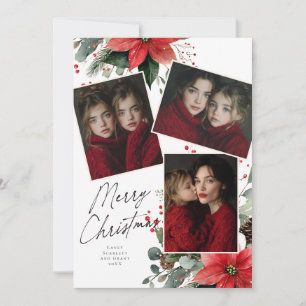 Merry Christmas Poinsettia Flower Holiday 3 photo Card