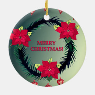 Merry Christmas, Poinsettia Flowers Ceramic Ornament