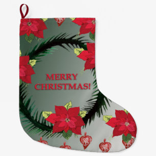 Merry Christmas Poinsettia Flowers Large Christmas Stocking