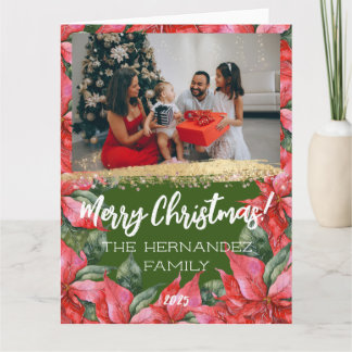 Merry Christmas Poinsettia Holiday Family Photo  Card