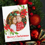 Merry Christmas Poinsettia Kids Photo Magnet Card<br><div class="desc">A beautiful red poinsettia floral with holly leaf encircles your square festive family photo above Merry Christmas. Bright and cheerful kids photograph holiday magnet cards with pretty flowers and leaves.</div>