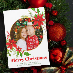 Merry Christmas Poinsettia Kids Photo Magnet Card