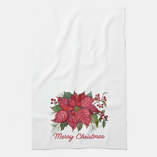 Merry Christmas Poinsettia Kitchen Towel (Vertical)