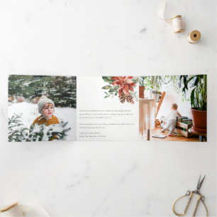 Merry Christmas Poinsettia Pine 3 Photo Watercolor Tri-Fold Holiday Card