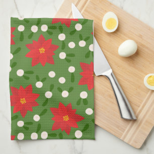 Merry Christmas Poinsettia Polka Dots Pattern Tea Towel