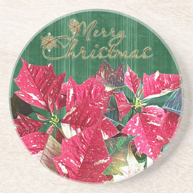 Merry Christmas Poinsettia Sandstone Coaster (Front)