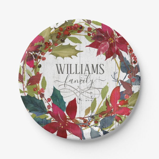 Merry Christmas Poinsettia Watercolor Floral Name Paper Plate (Front)