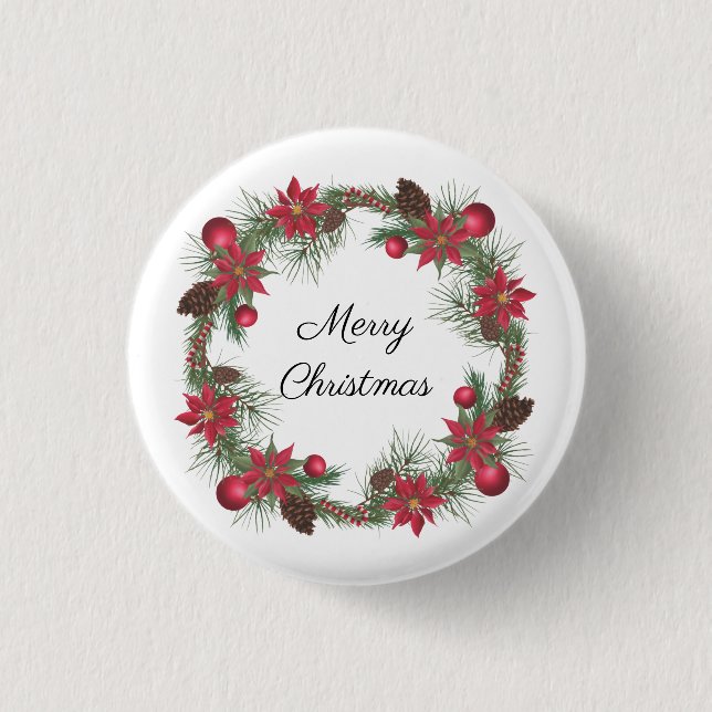 Merry Christmas Poinsettia Wreath  3 Cm Round Badge (Front)