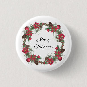 Merry Christmas Poinsettia Wreath  3 Cm Round Badge