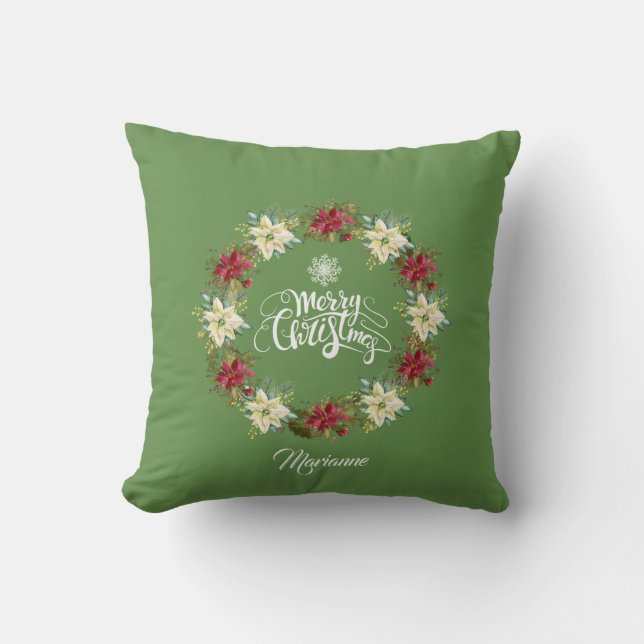 Merry Christmas Poinsettia Wreath Monogram Cushion (Front)