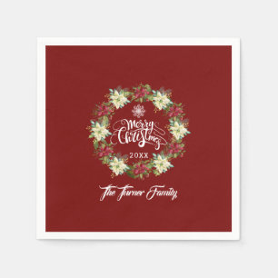 Merry Christmas Poinsettia Wreath Monogram Napkin