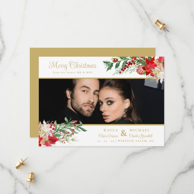 Merry Christmas Poinsettias Garland Photo Wedding Save The Date (Front/Back In Situ)