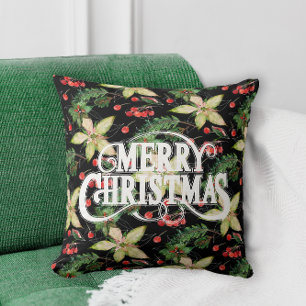 Merry Christmas Poinsettias Holiday Cushion