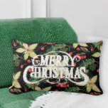 Merry Christmas Poinsettias Holiday Lumbar Cushion<br><div class="desc">Merry Christmas on a background of white poinsettias,  leaves and berries on black are featured on this festive holiday pillow available in several sizes and styles. MATCHING items in our collection.</div>