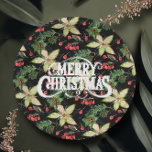 Merry Christmas Poinsettias Holiday Paper Plate<br><div class="desc">Merry Christmas on a background of white poinsettias,  leaves and berries on black are featured on these holiday paper plates. MATCHING items in our collection.</div>