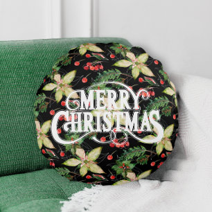 Merry Christmas Poinsettias Holiday Round Cushion