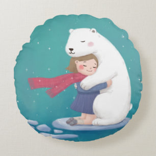 Merry Christmas: Polar Bear & Child Illustration Round Cushion