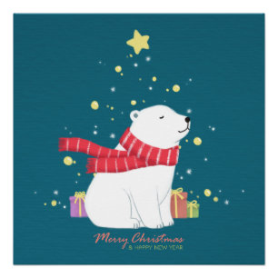 Merry Christmas: Polar Bear Illustration Art Poster