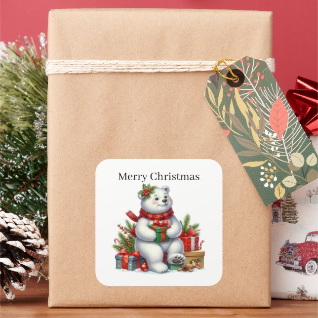 Merry Christmas polar bear  Square Sticker (Holiday)