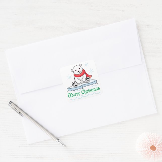Merry Christmas Polar Bear Square Sticker (Envelope)