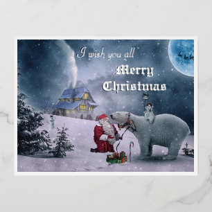 Merry Christmas Polar Night Silver Foil Invitation Postcard