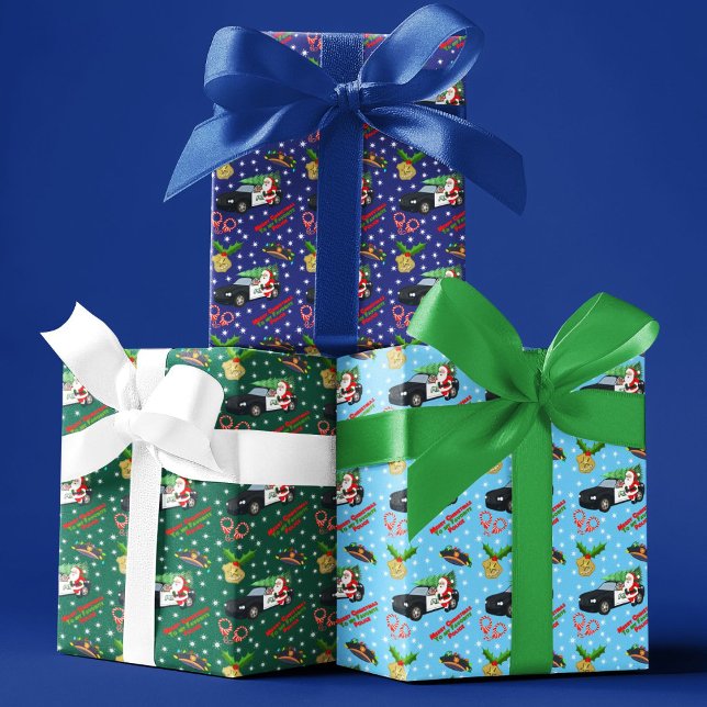 Merry Christmas Police Officer Santa Cop Car Wrapping Paper Sheet (Creator Uploaded)