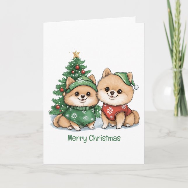 Merry Christmas Pomeranian Dogs Holiday Card (Front)