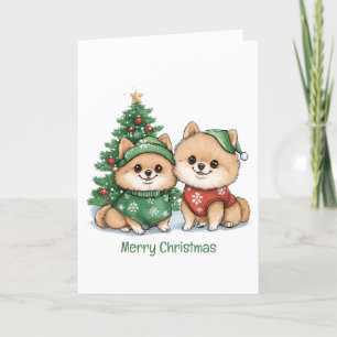 Merry Christmas Pomeranian Dogs Holiday Card