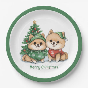 Merry Christmas Pomeranian Dogs Paper Plate