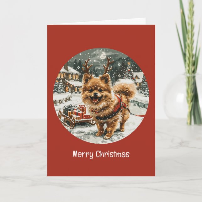 Merry Christmas Pomeranian Reindeer Dog Holiday Card (Front)