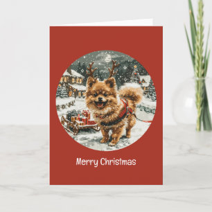 Merry Christmas Pomeranian Reindeer Dog Holiday Card