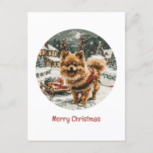 Merry Christmas Pomeranian Reindeer Dog Postcard