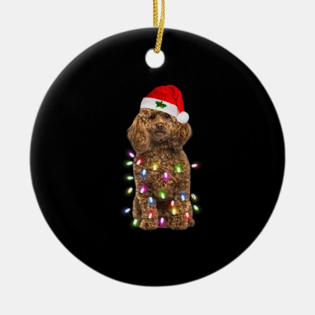 Merry Christmas Poodle Santa Hat Lights Xmas   Ceramic Ornament (Front)