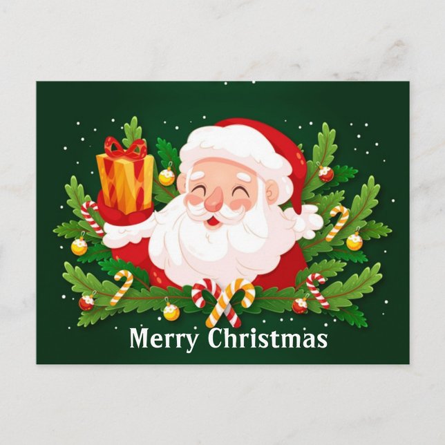 Merry Christmas Postcard (Illustration of a smiling Santa Claus holding a gift, surrounded by Christmas decorations!)