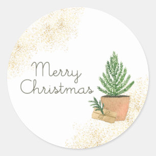 Merry Christmas Potted Fir Tree and Kraft Parcel Classic Round Sticker