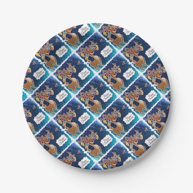 Merry Christmas Prancing Reindeer Paper Plate (Front)