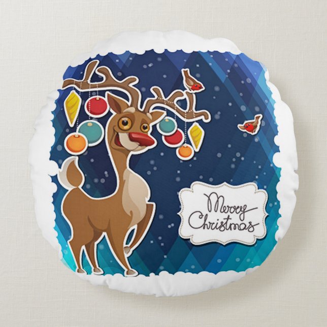 Merry Christmas Prancing Reindeer Round Cushion (Front)
