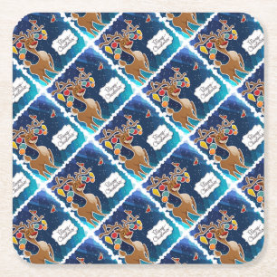 Merry Christmas Prancing Reindeer Square Paper Coaster