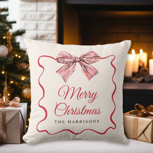 Merry Christmas Preppy Bow Family Monogram Cushion