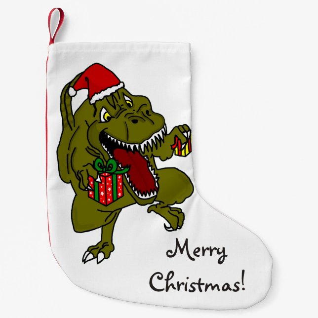 Merry Christmas Present Loving Dinosaur Small Christmas Stocking (Front)